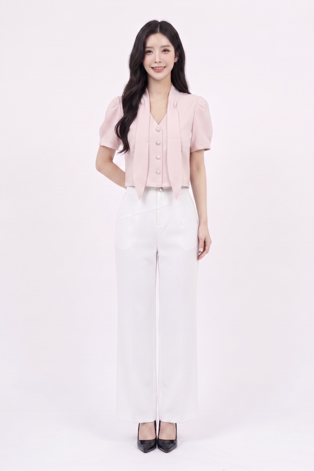 2151BB Elara Pearl Tie-Neck Blouse