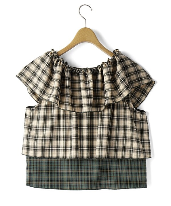 混色格紋露肩斜肩帶襯衫 - 2026 流行穿搭  女士襯衫 春夏時尚穿搭 成人休閒 日常穿搭 易於配搭 日本直送   #JP-I-260018