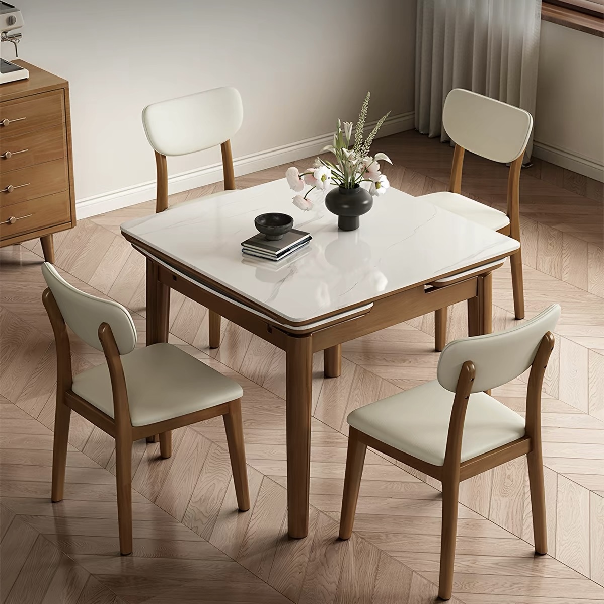 實木岩板餐枱 簡約現代 細單位專用 可伸縮摺疊長方形食飯枱 Dining table