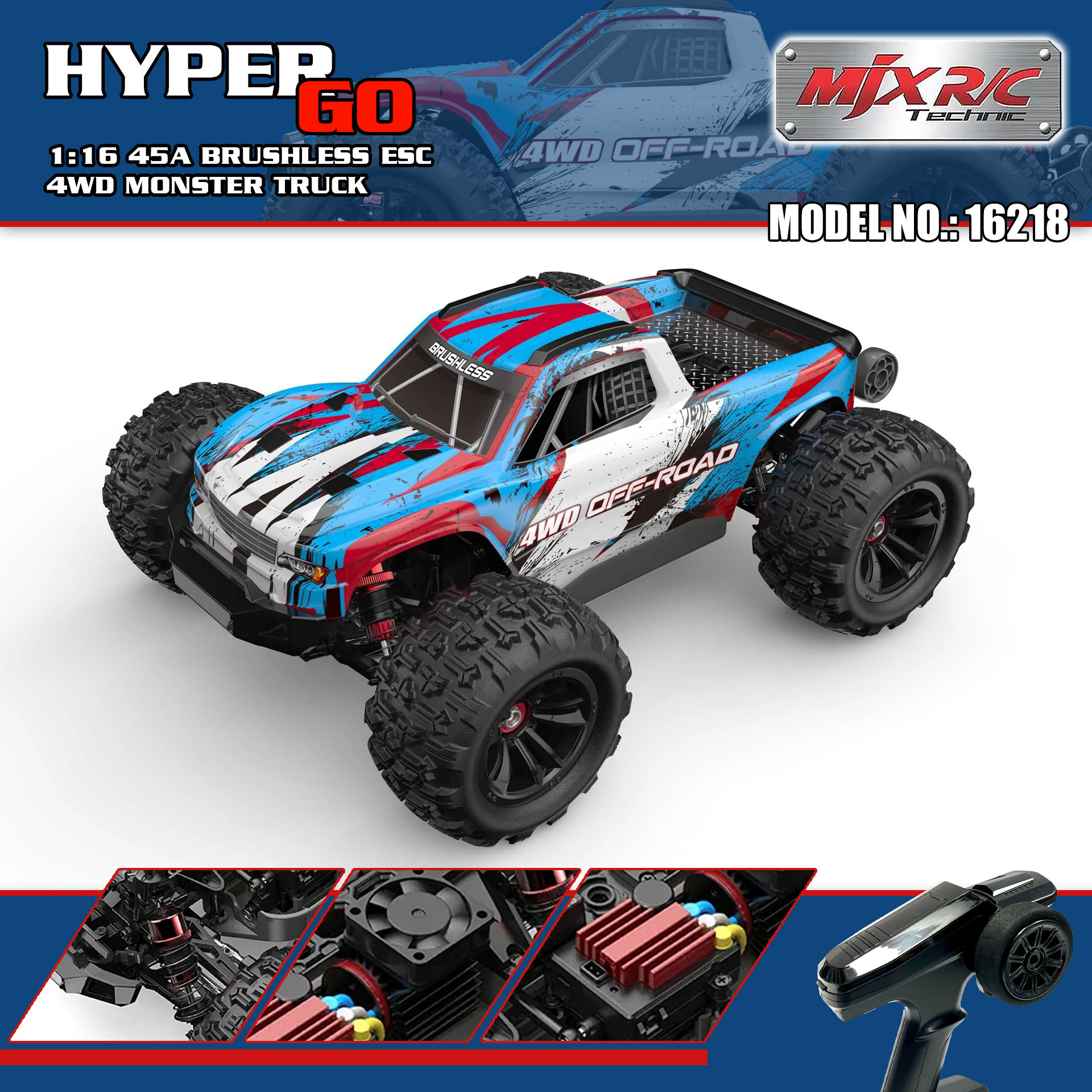 全新 美嘉欣 MJX R/C 1:16 16218 無刷大腳車 | 防翻尾輪 | 金屬齒輪 | 油壓避震 | 可用2s-3s電 | 最高速約60KM/H