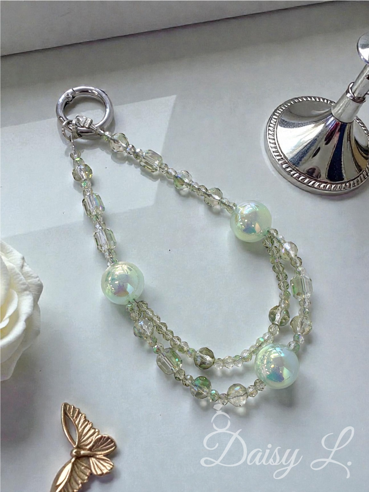 淺綠色波波水晶手機掛繩