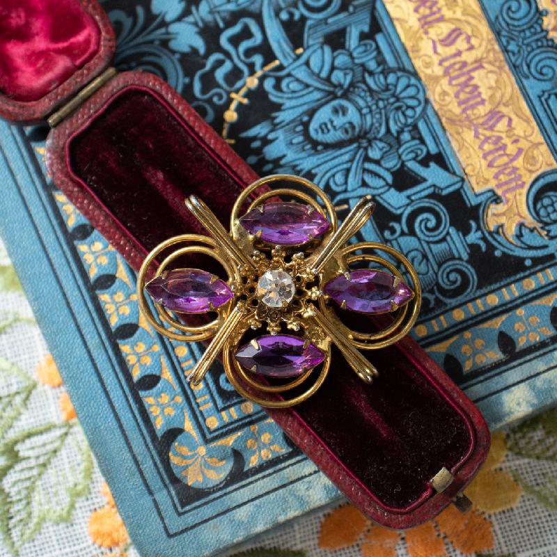 c.a. 1940-50s Old English Faceted Amethyst Glass Wired Flower-Shape Brooch (EA1759)
