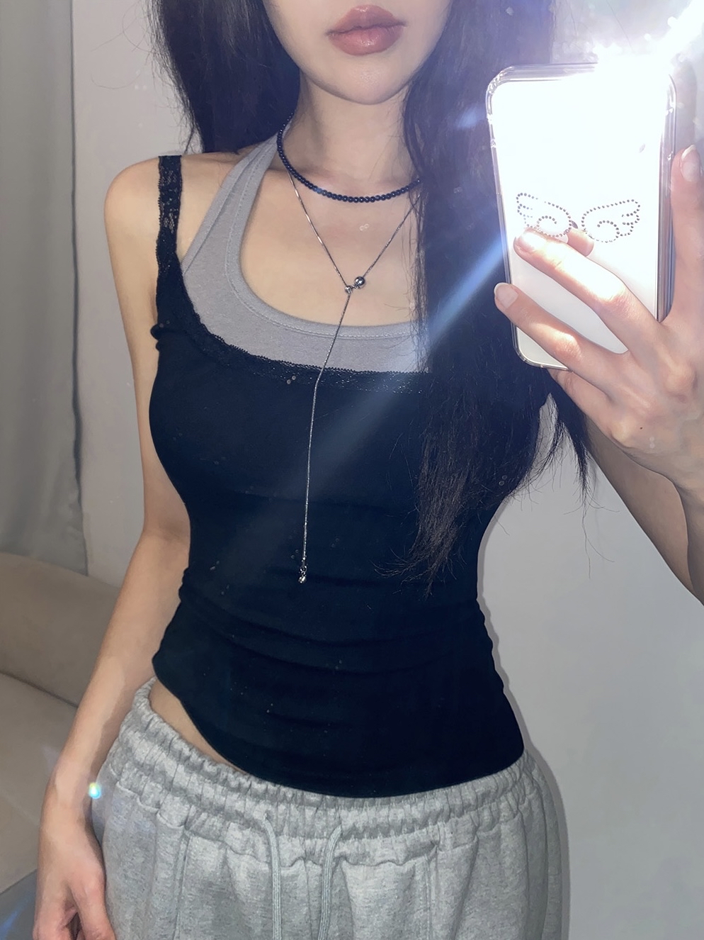 Lace-Trim Halter Layered Tank Top