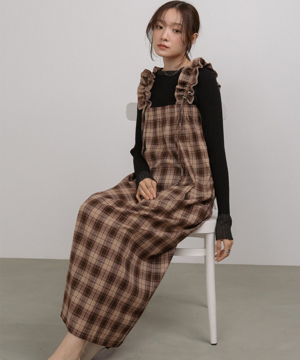 <限量現貨> 木耳邊粗肩束帶格紋OPS - brown 