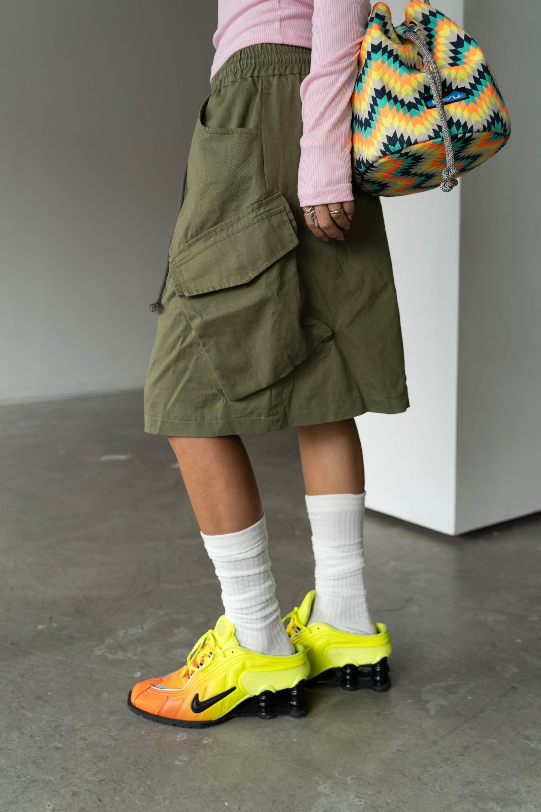 橡筋腰斜布工裝短裙