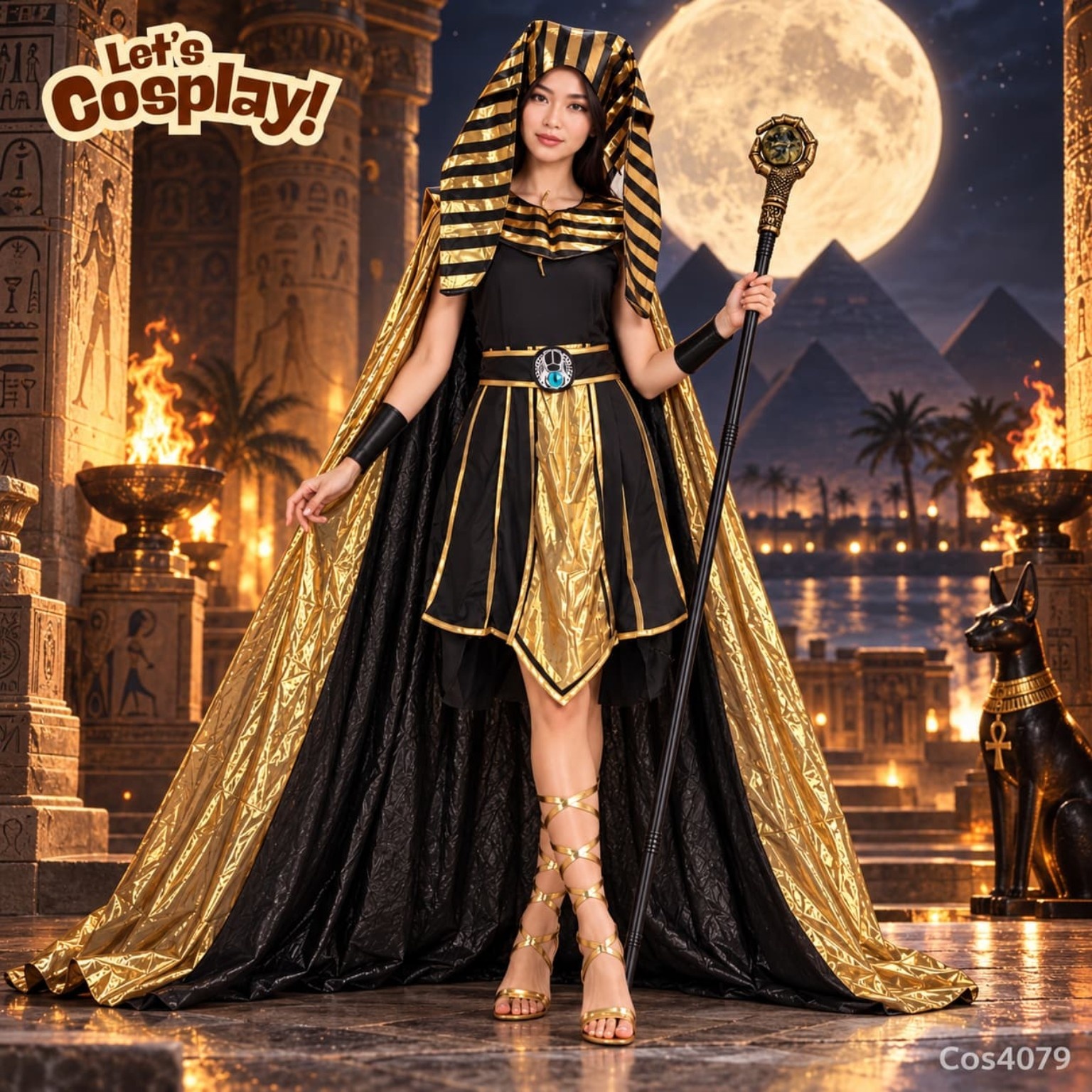 埃及妖后 Cleopatra 成人女裝黑金披風角色扮演服｜萬聖節 Halloween｜香港現貨｜Lets Cosplay COS4079