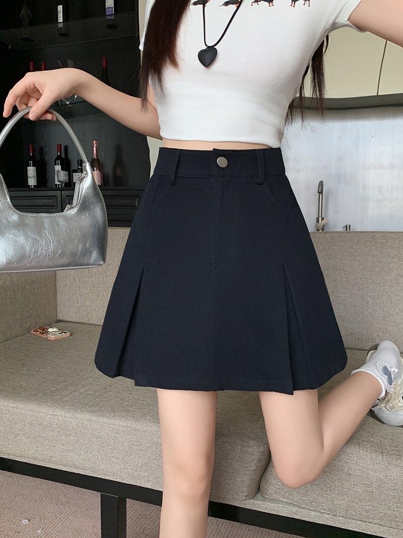 B108(21677) 韩版JEANS单银钮下摆双暗开角黑黄短裙 