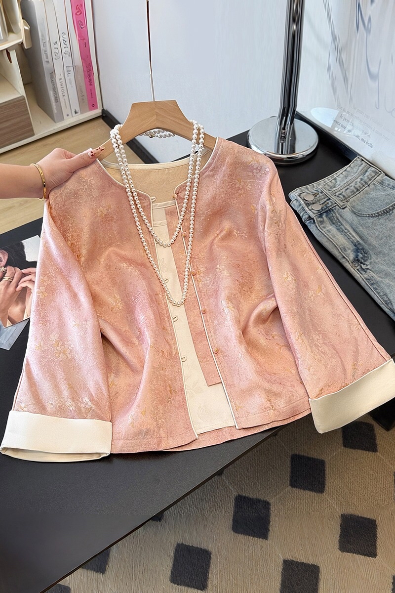 B138(0948) 新中式民族风人丝古典碎花提花卷边袖粉香槟外套上衣