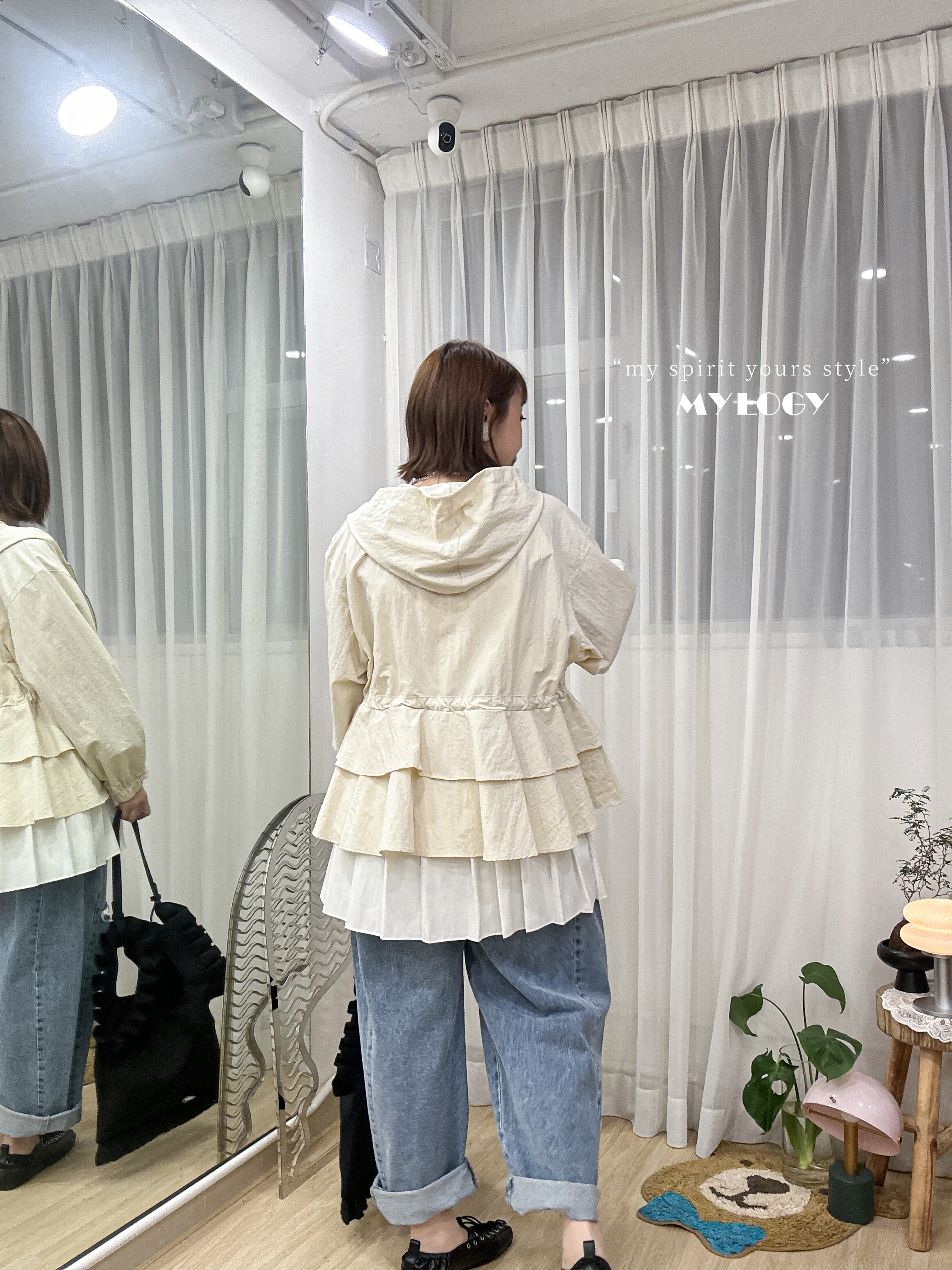 非典型少甜～束腰索繩Double Ruffle連帽風衣 J0002 - 白色 Ivory