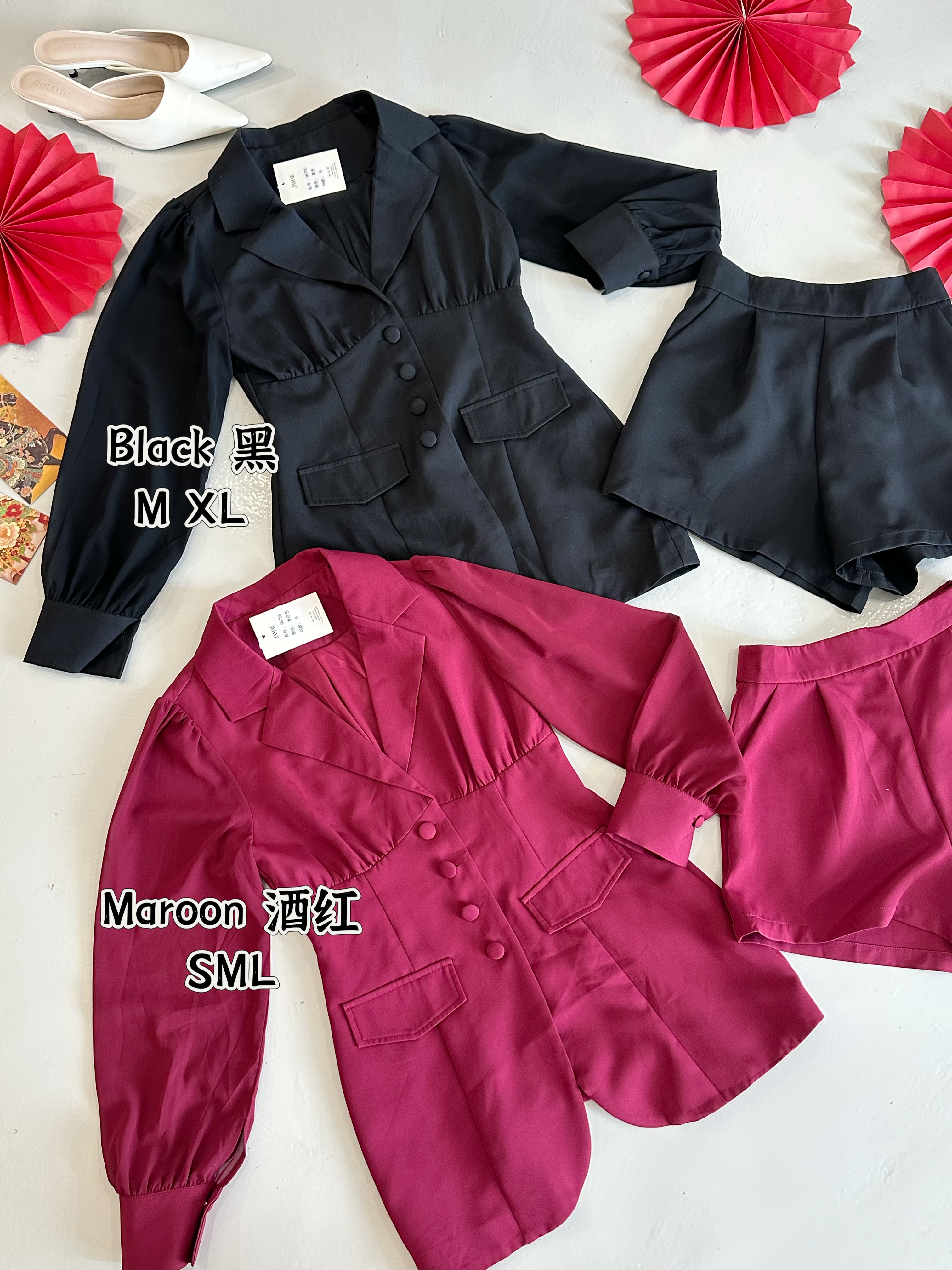 98705  PREMIUM  PANT SET 西装拼接雪纺袖收腰套装