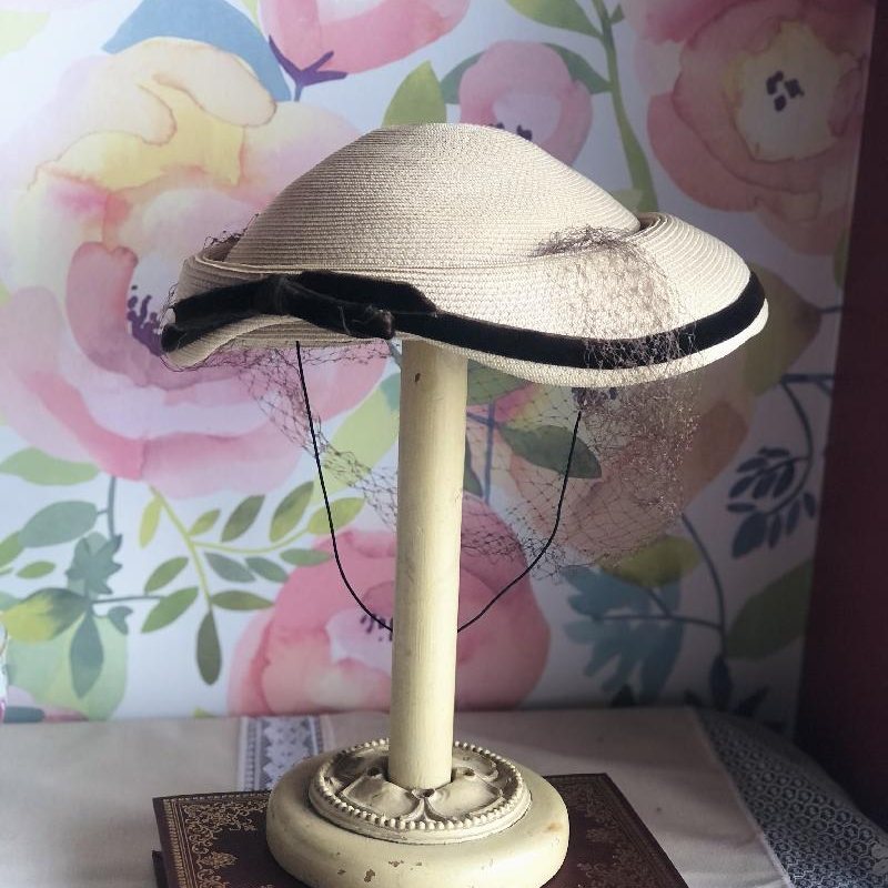 Rare! Vintage 1950s Spencer Select Toronto New Look Hat / Veiled Dior Look Straw Hat (MT1791)