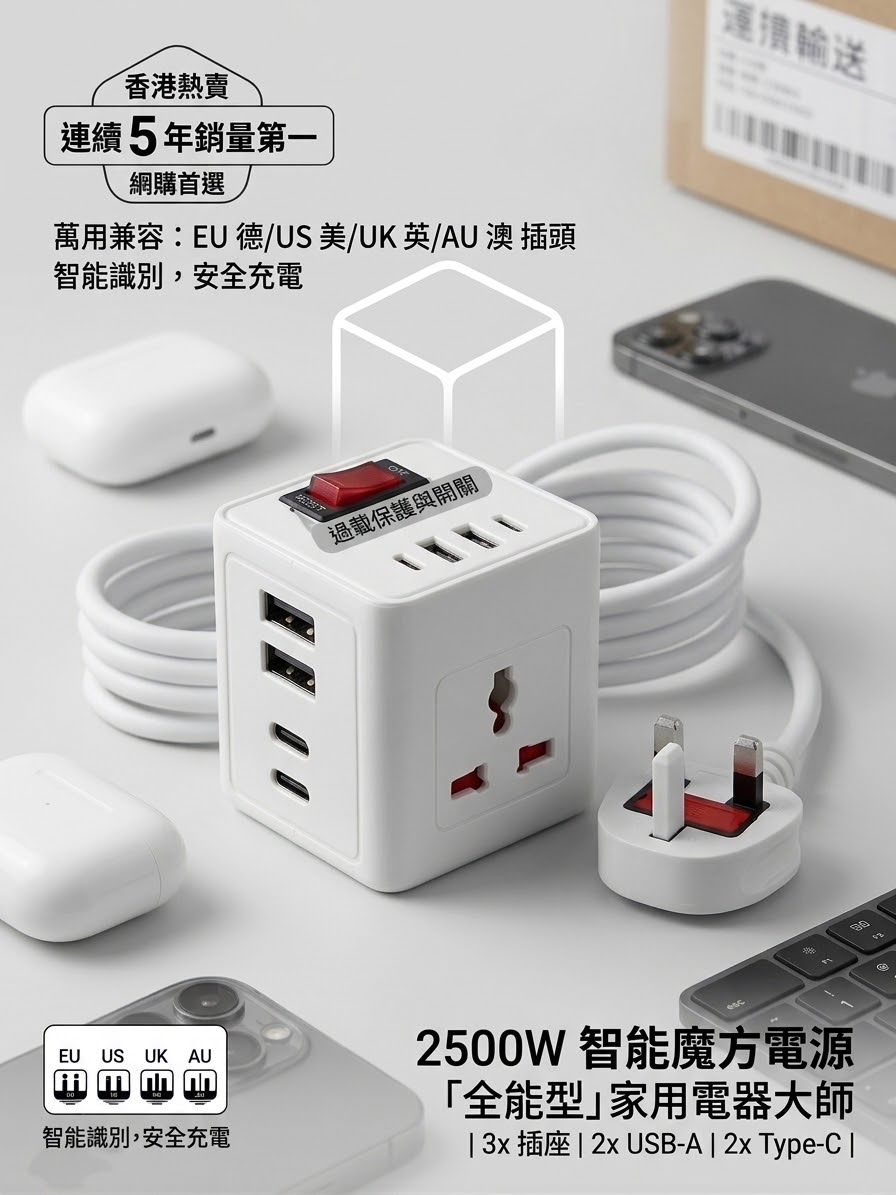 2500W 智能魔方電源插座｜3位萬用插座 + 2x USB-A + 2x Type-C｜防雷過載保護 850°C阻燃 安全快充 Smart Cube Power Socket Strip