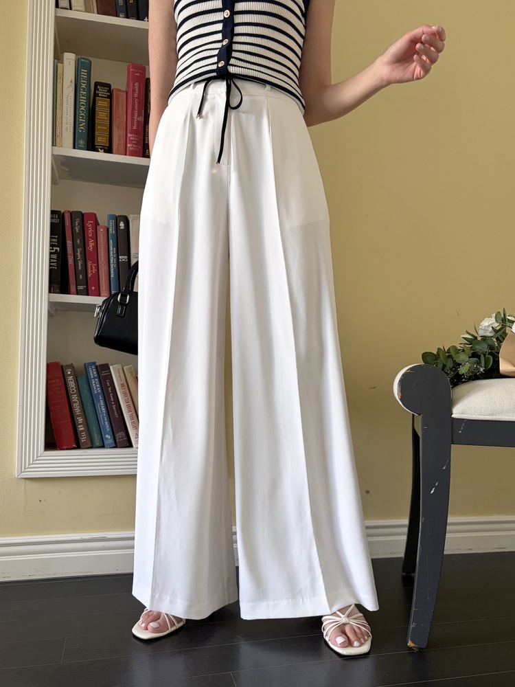 [超涼!!] Contrast Belt Wide Leg Slacks (White)
