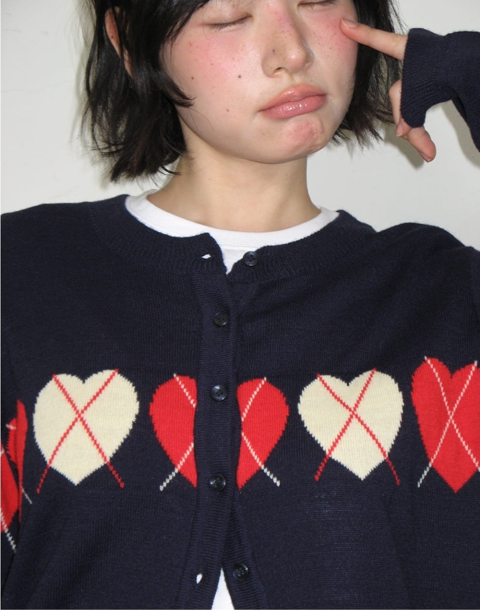 Ron Ron Heart Argyle Line Knit Cardigan