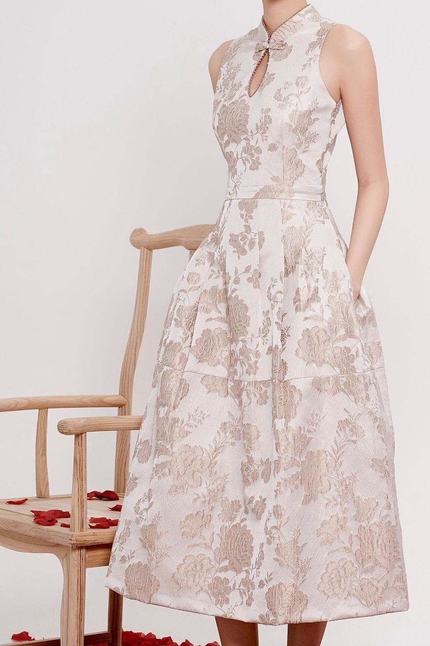 串珠露腰旗袍连身裙 2135 粉色/米色