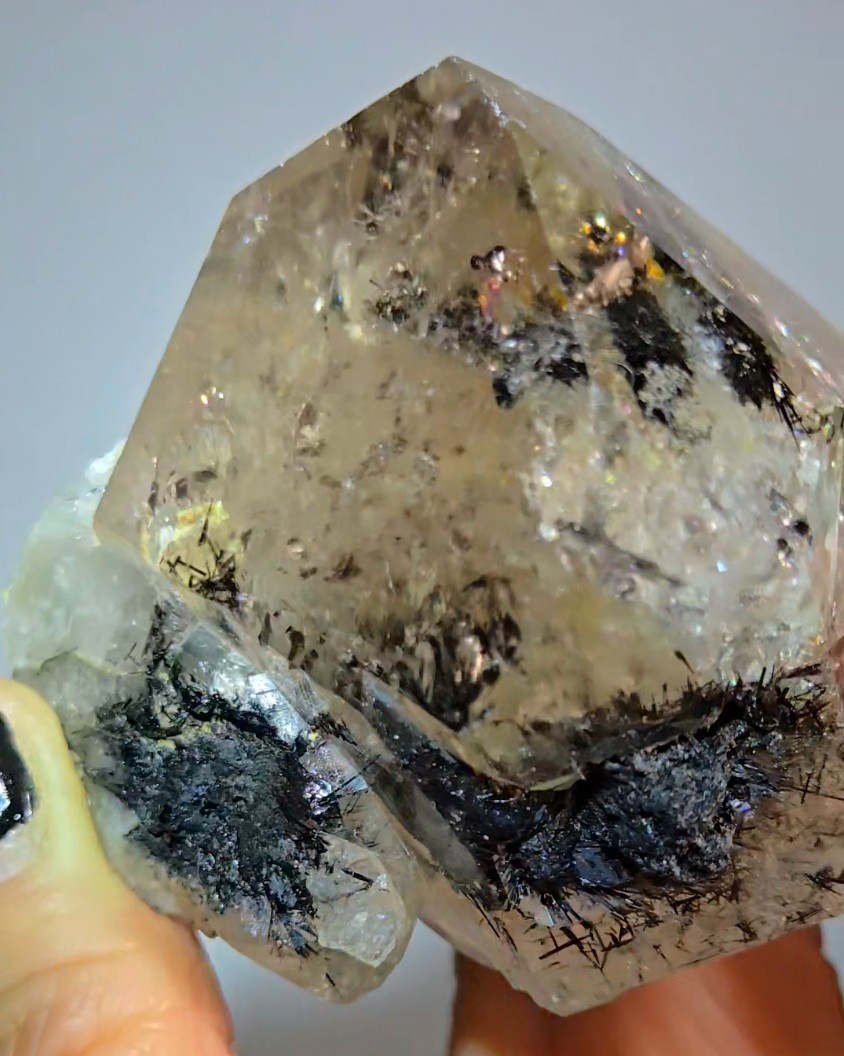 Black tourmaline inclusion smoky quartz with rainbows - RT1457