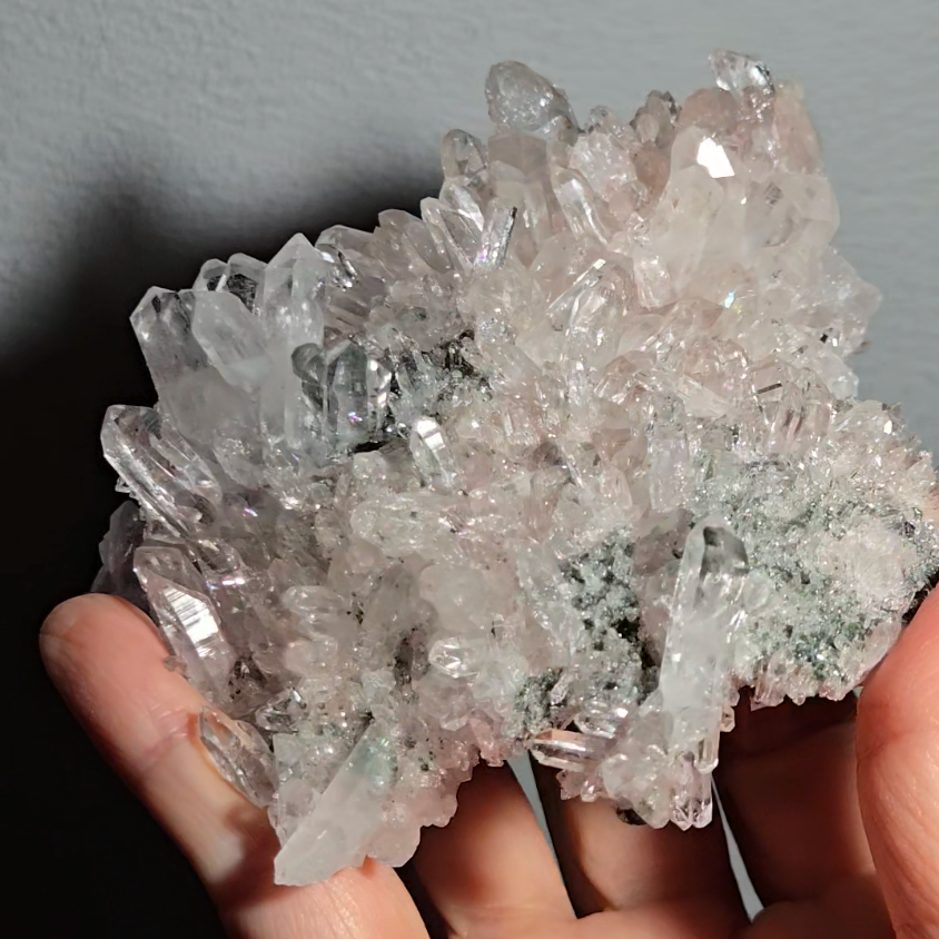 Pink Lemurian quartz cluster with green chlorite, rainbows - LQ189