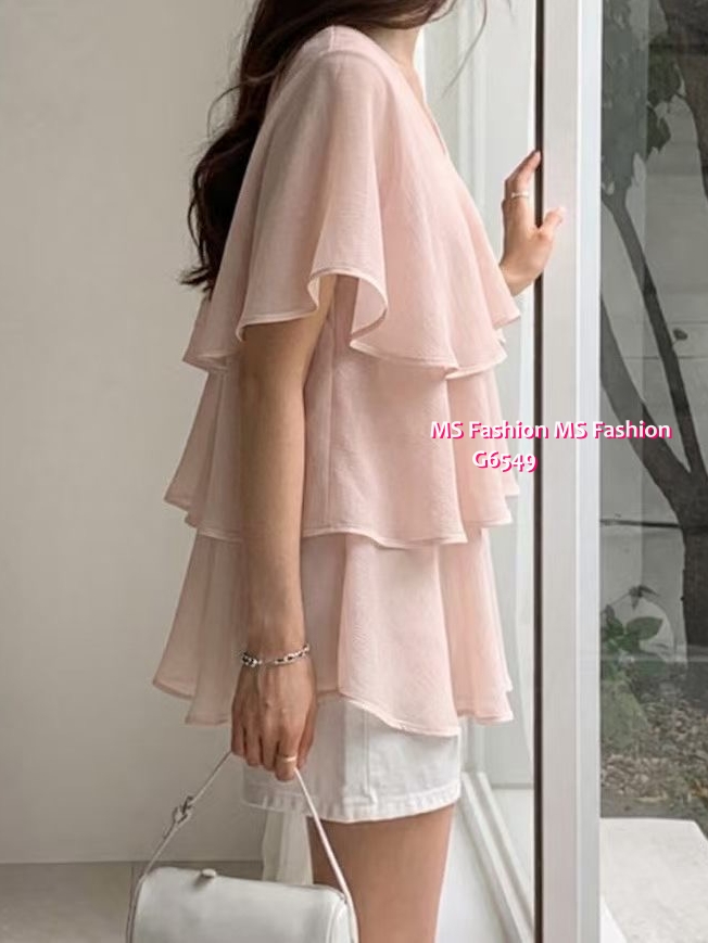 G6549 V領層層ruffle top