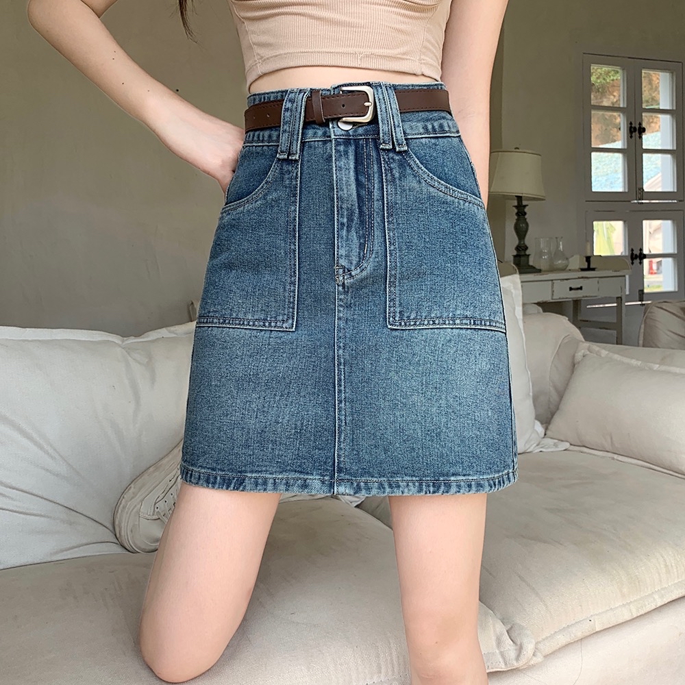 B125(1928) 韩版JEANS直角口袋边双银钮黑蓝短裙