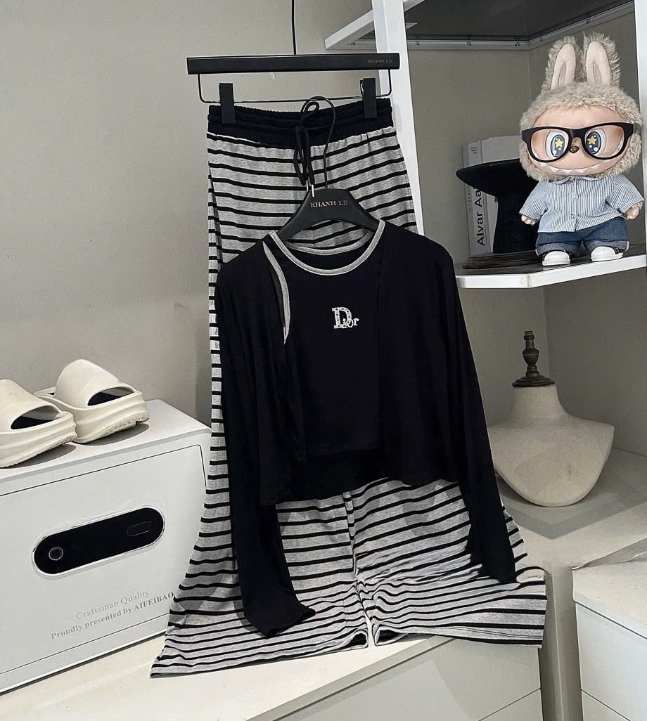 長袖上衣两件套搭配條紋褲 （三件套）