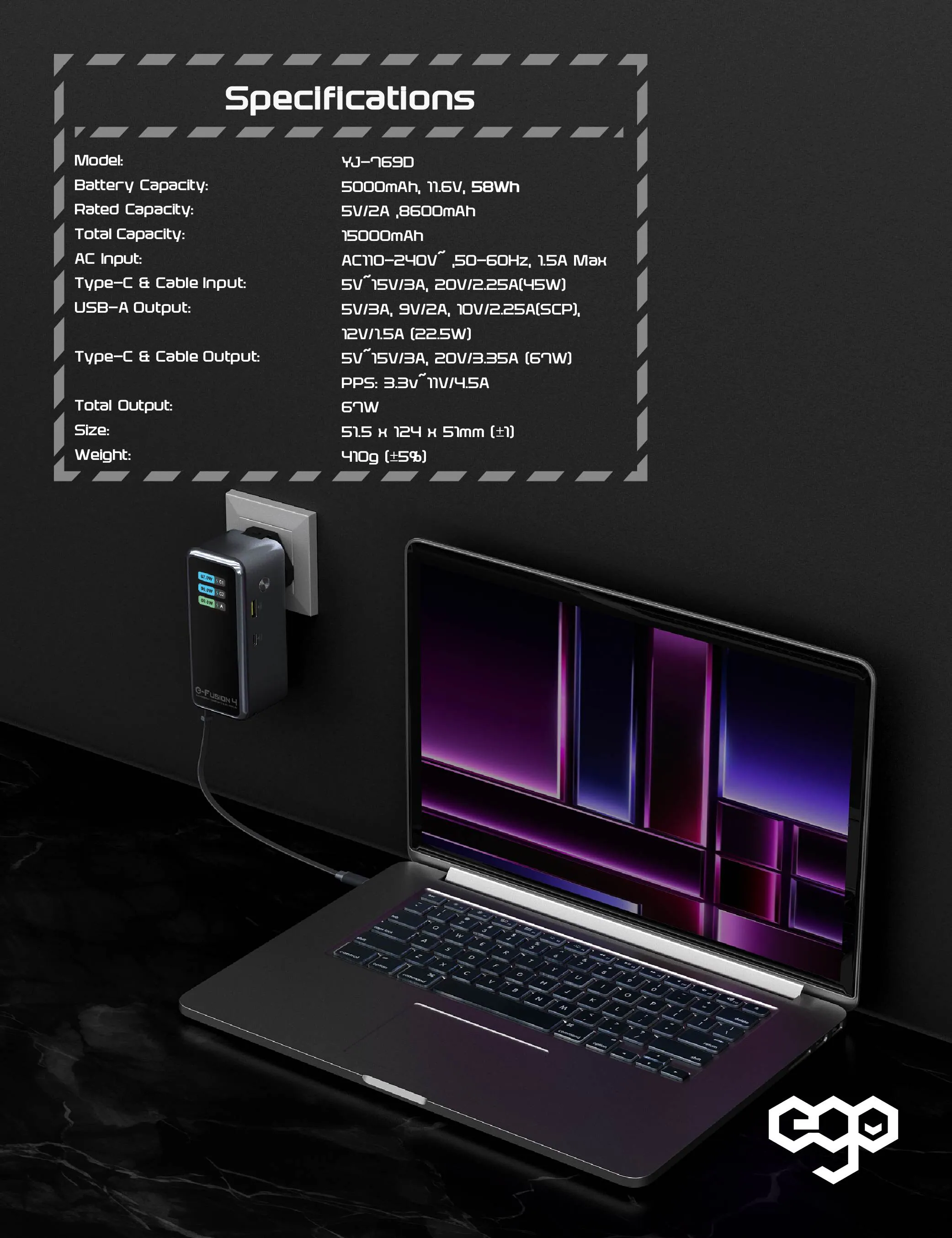 香港行貨 一年保養 ego - E-Fusion 4 15000mAh 外置充電火牛 | 旅行充電器│邊充邊放、超快充、內置 Type-C線  YJ-769D 