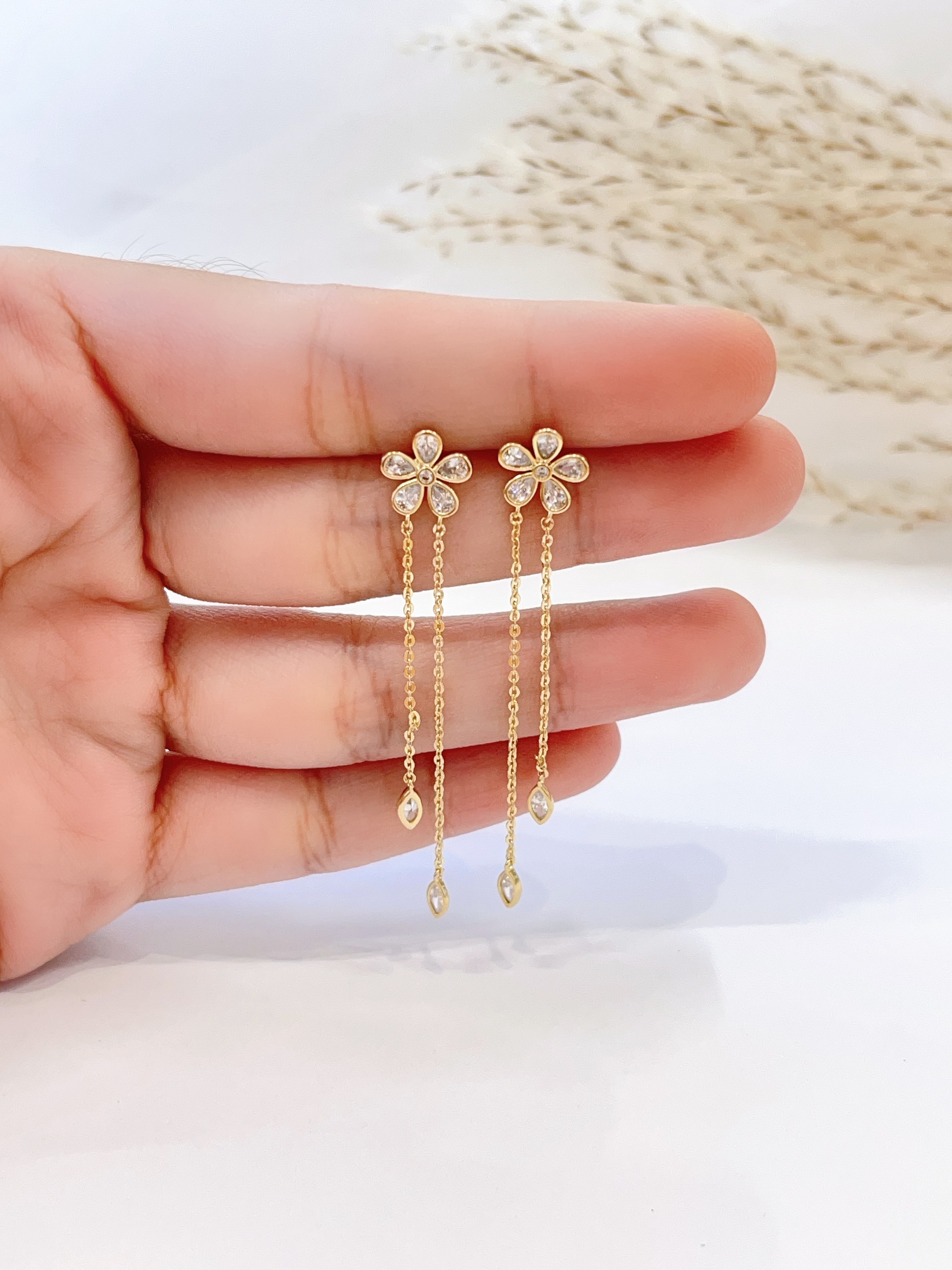 韩系小花锆石流苏耳环