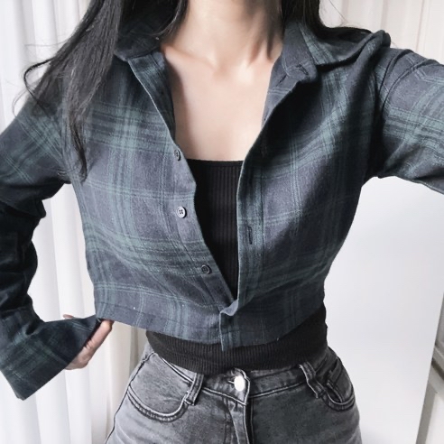 JK33 短款收腰格仔恤衫 