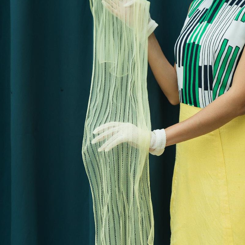 C.a. 1950s German Yellow Pulled thread Embroidery Pattern Chiffon Sheer Long Scarf (MT1217)