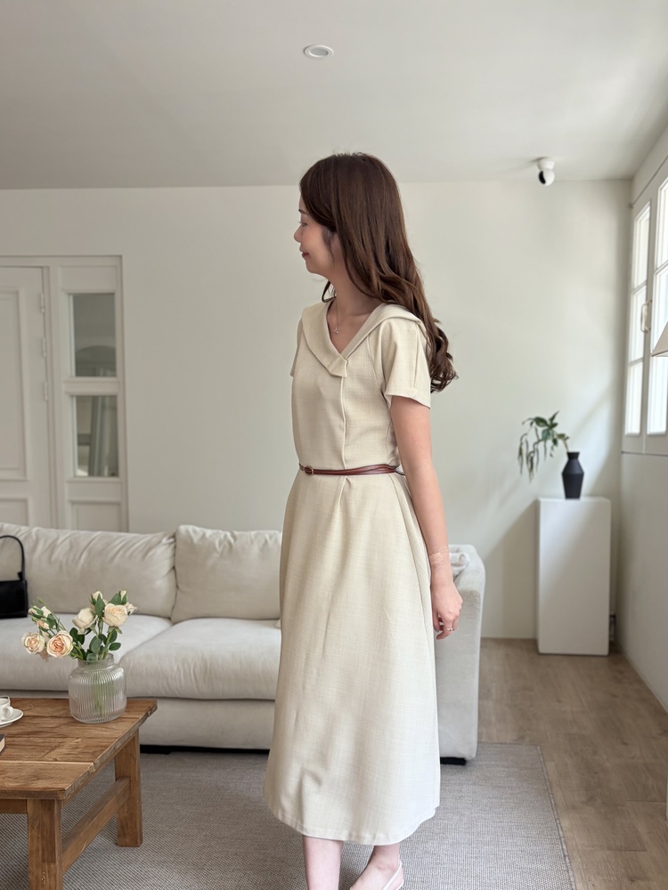 Sailor Collar Belted Dress (Beige)