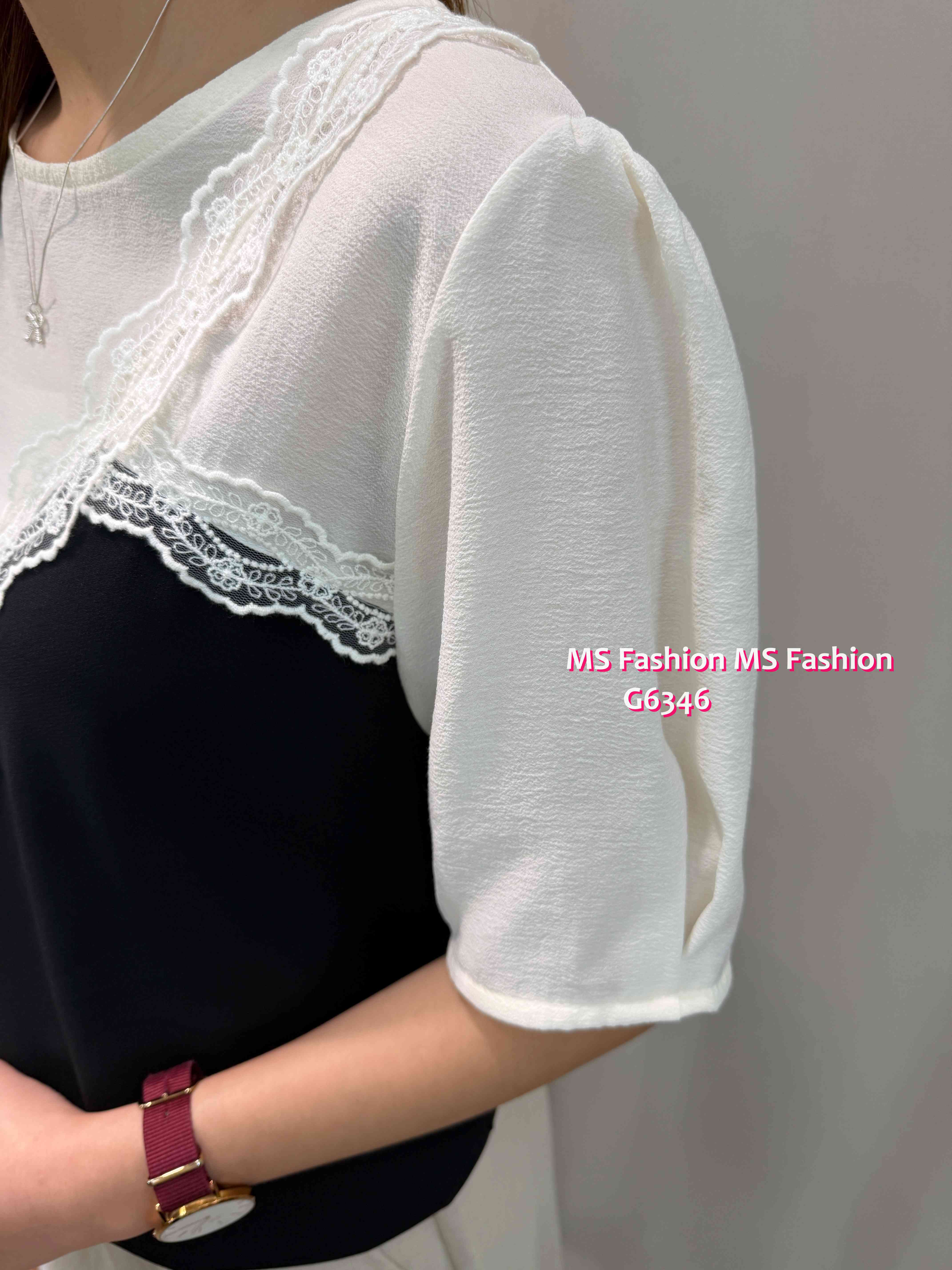G6346 靚料拼色V lace top