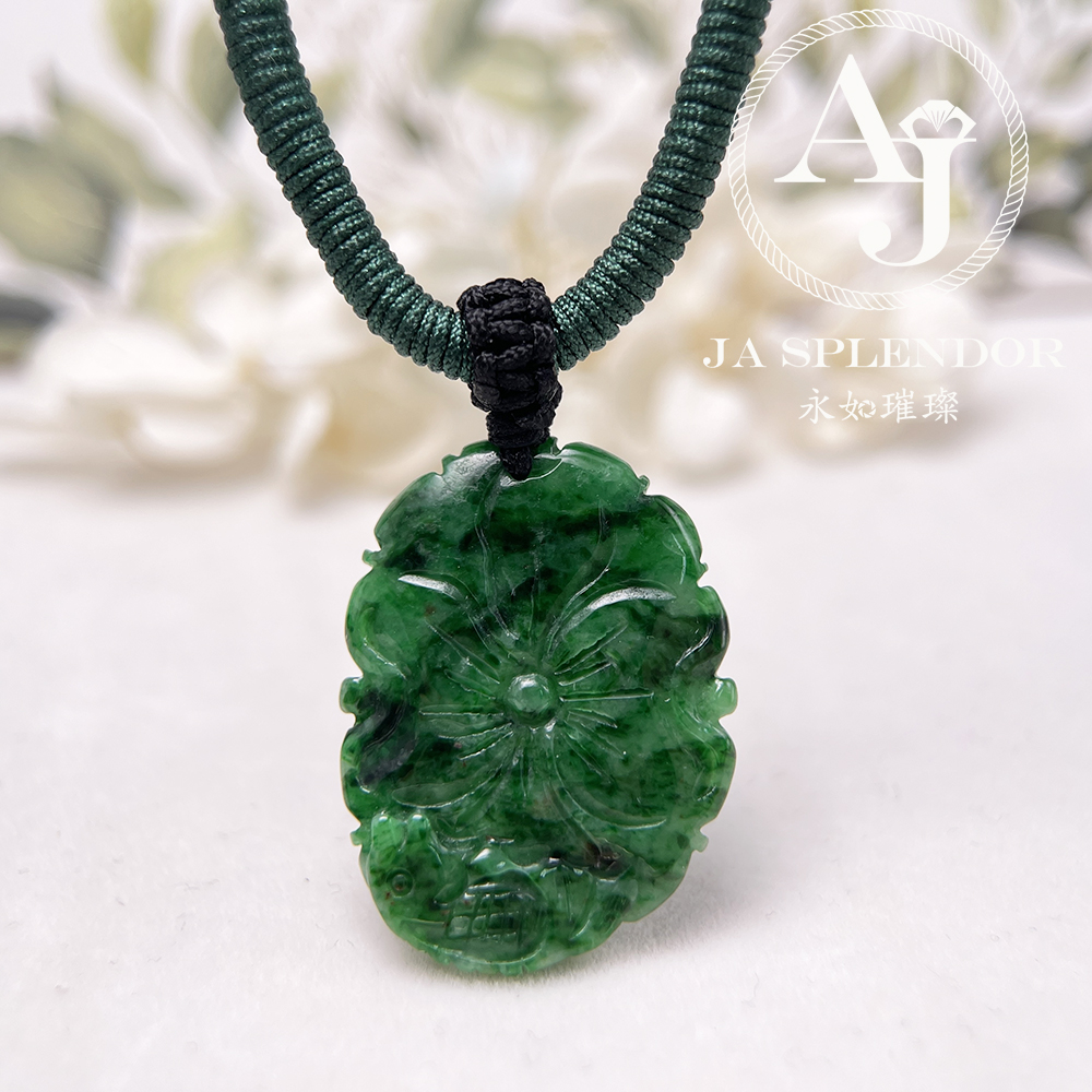 JNS-114 天然翡翠A玉 花青辣綠荷葉魚吊墜