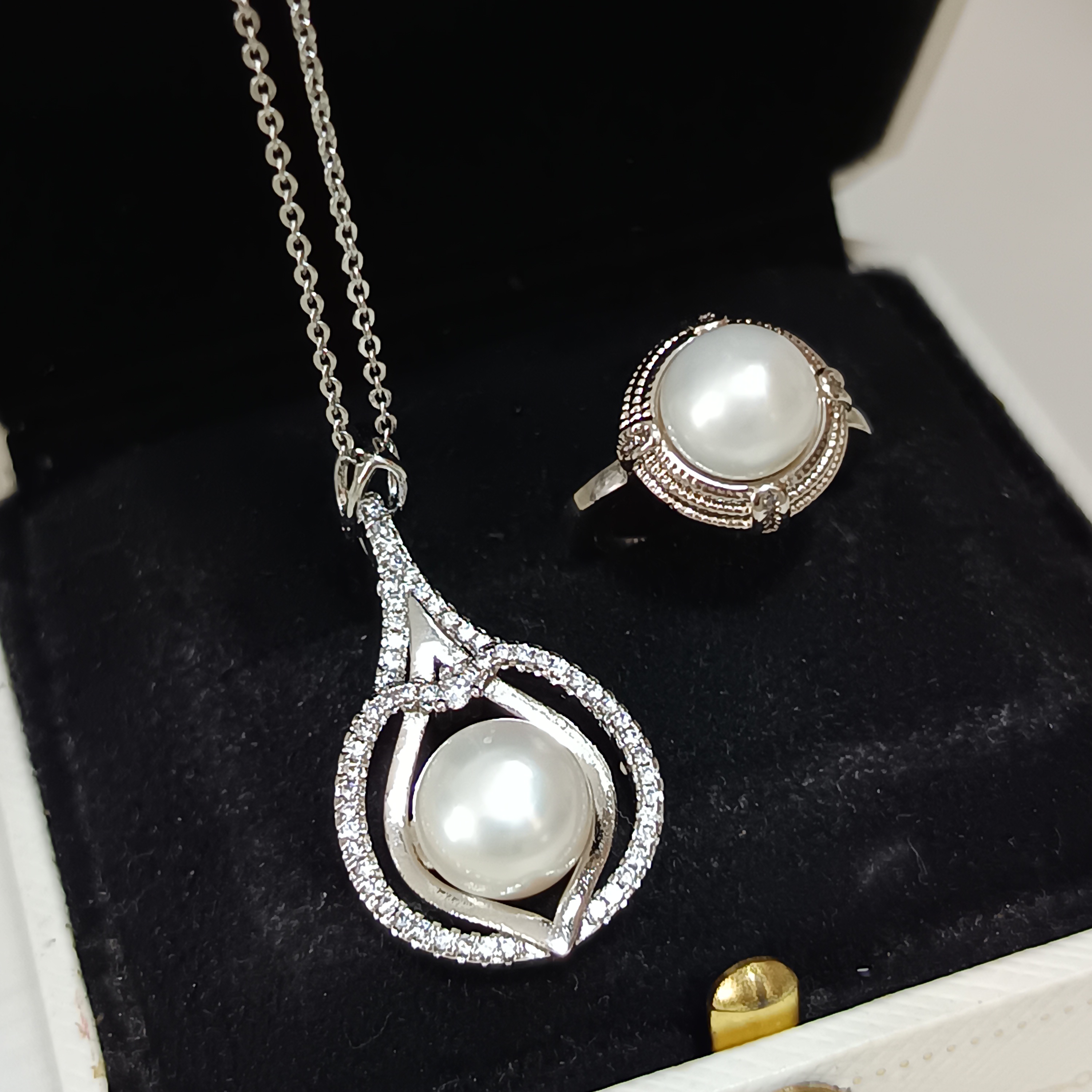 特價品‼️淡水饅頭珍珠注白金吊墜後戒指套裝