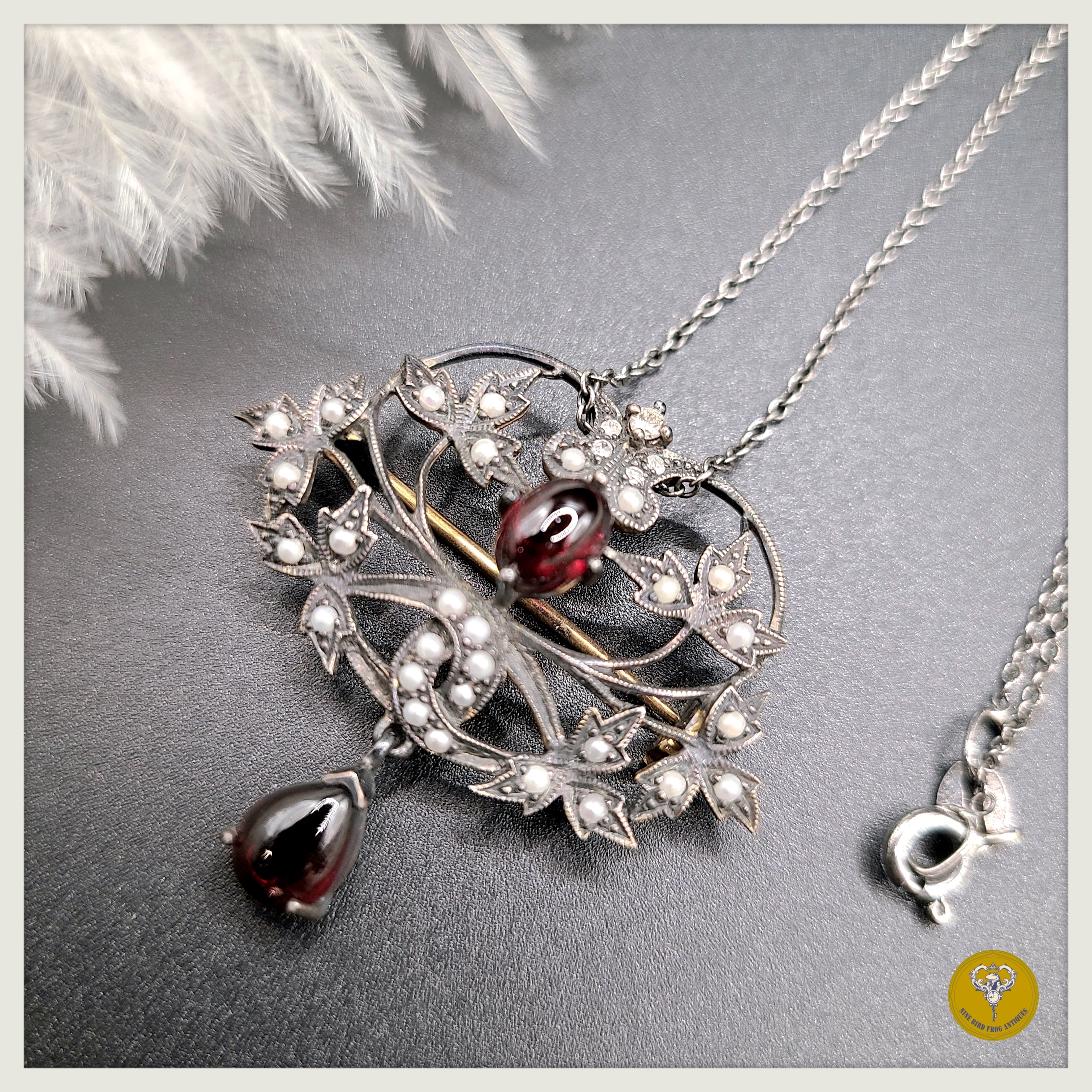 愛德華時期籽珠石榴石鑽石9k金及銀胸針