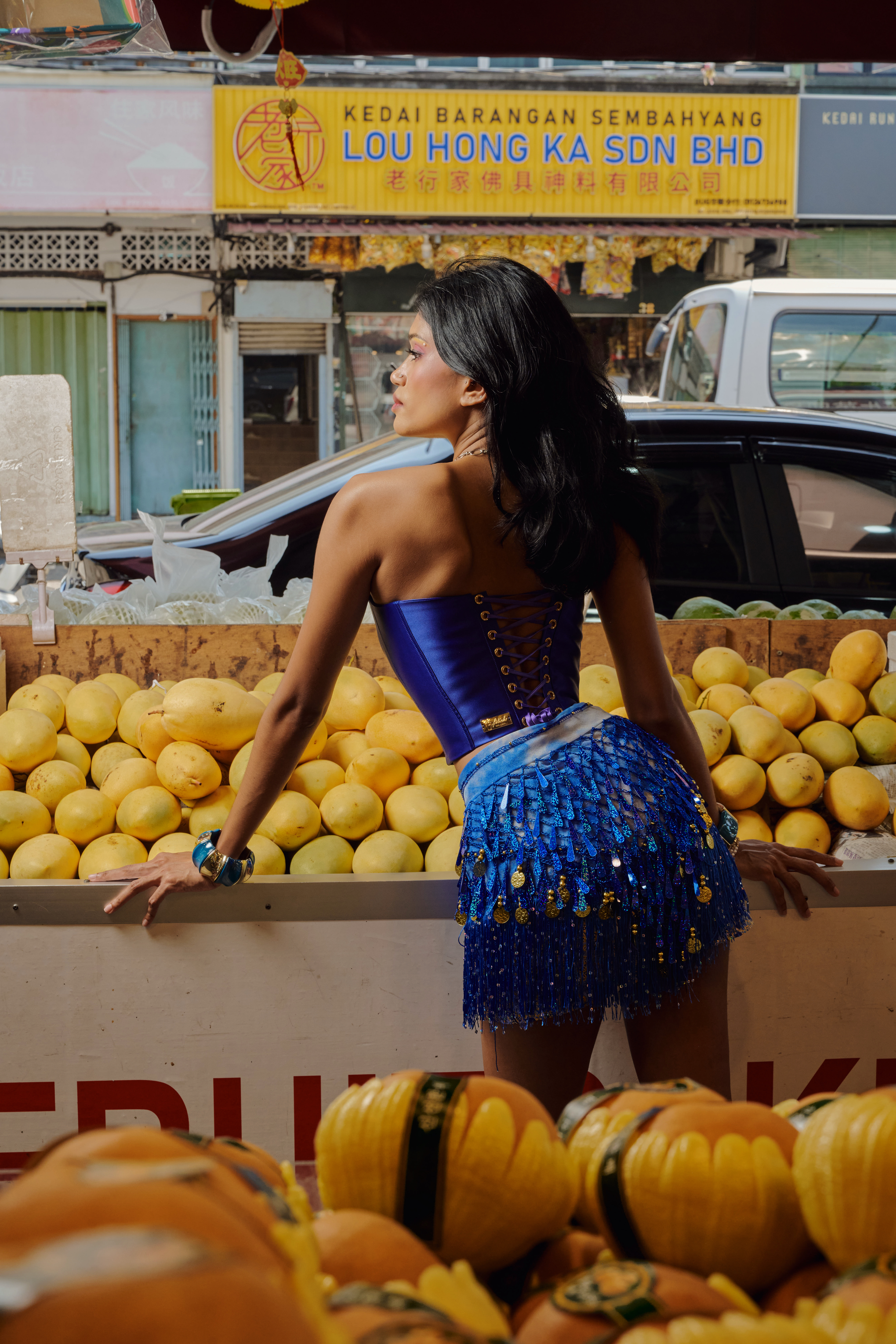 Celestine Reversible Corset and Mini Skirt in Royal Blue Batik