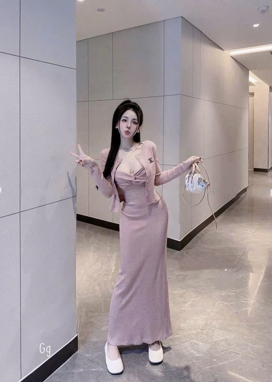 羅紋針織中長洋裝搭配開襟衫套裝