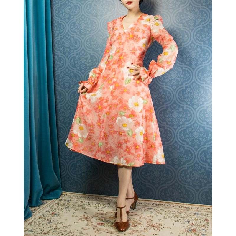 C.a. 1970s Peachy Pink Flower Girl Spring Dress(MU102-11)