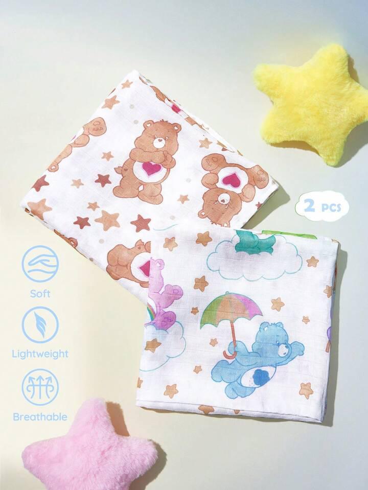卡通熊嬰兒紗布浴巾2件裝 - 超柔軟透氣多用途包巾