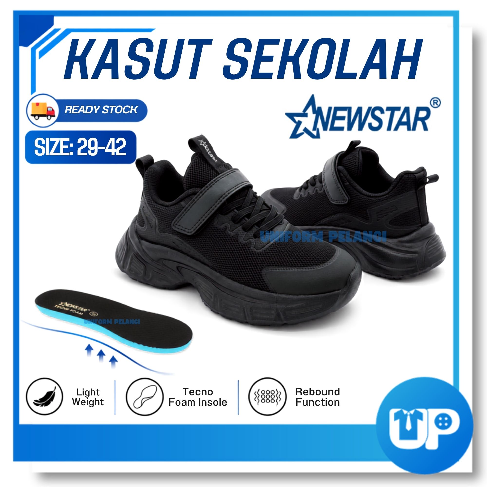 NewStar Black School Shoes W726B [Velcro Strap] Kasut Hitam