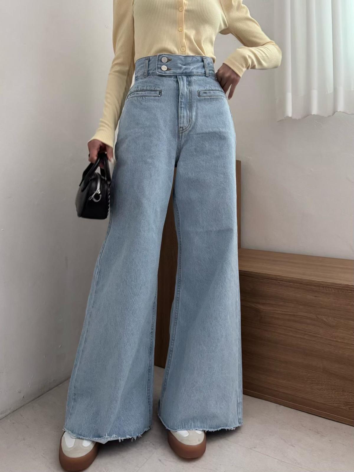 側扣高腰牛仔褲