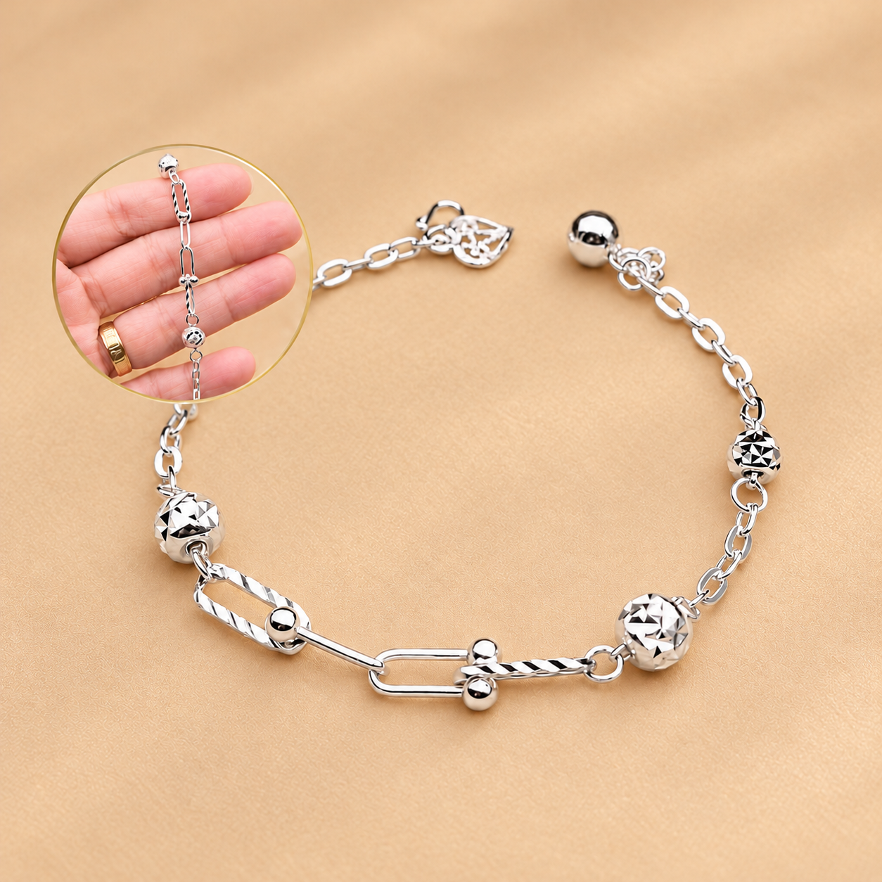 LB2386 Paper Clip + Diamond Cut Beads Bracelet