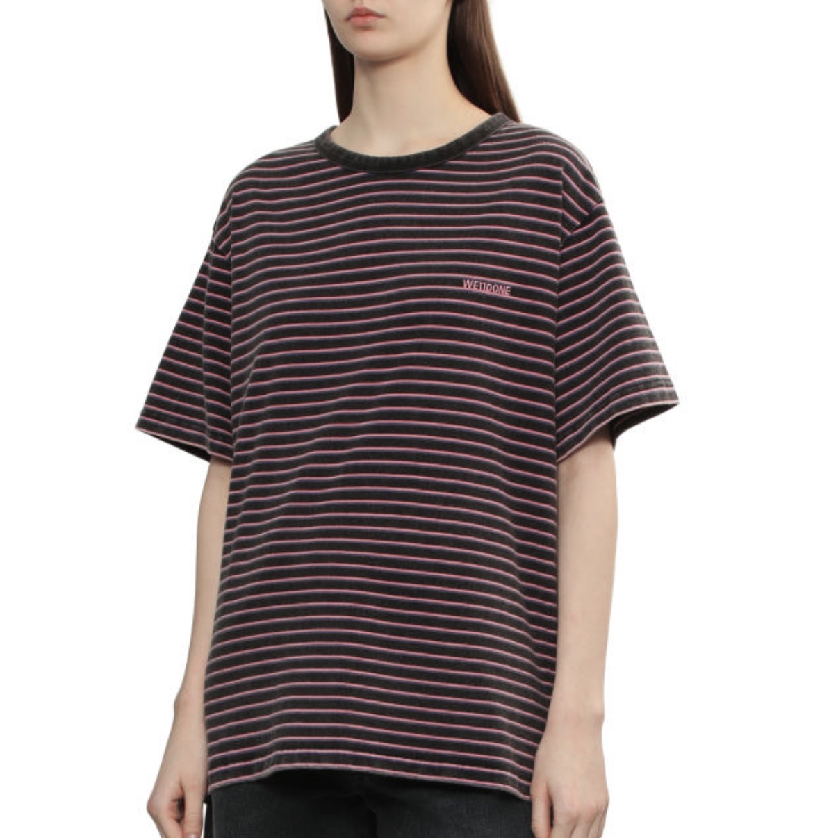 We11done Black & Pink Logo Striped T-shirt
