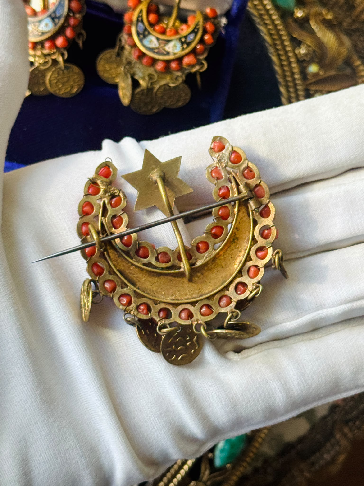 C.a. 1830s–1880s Ottoman Coral & Enamel Crescent Moon and Star Brooch and Earrings Demi-Parure (MT2653)