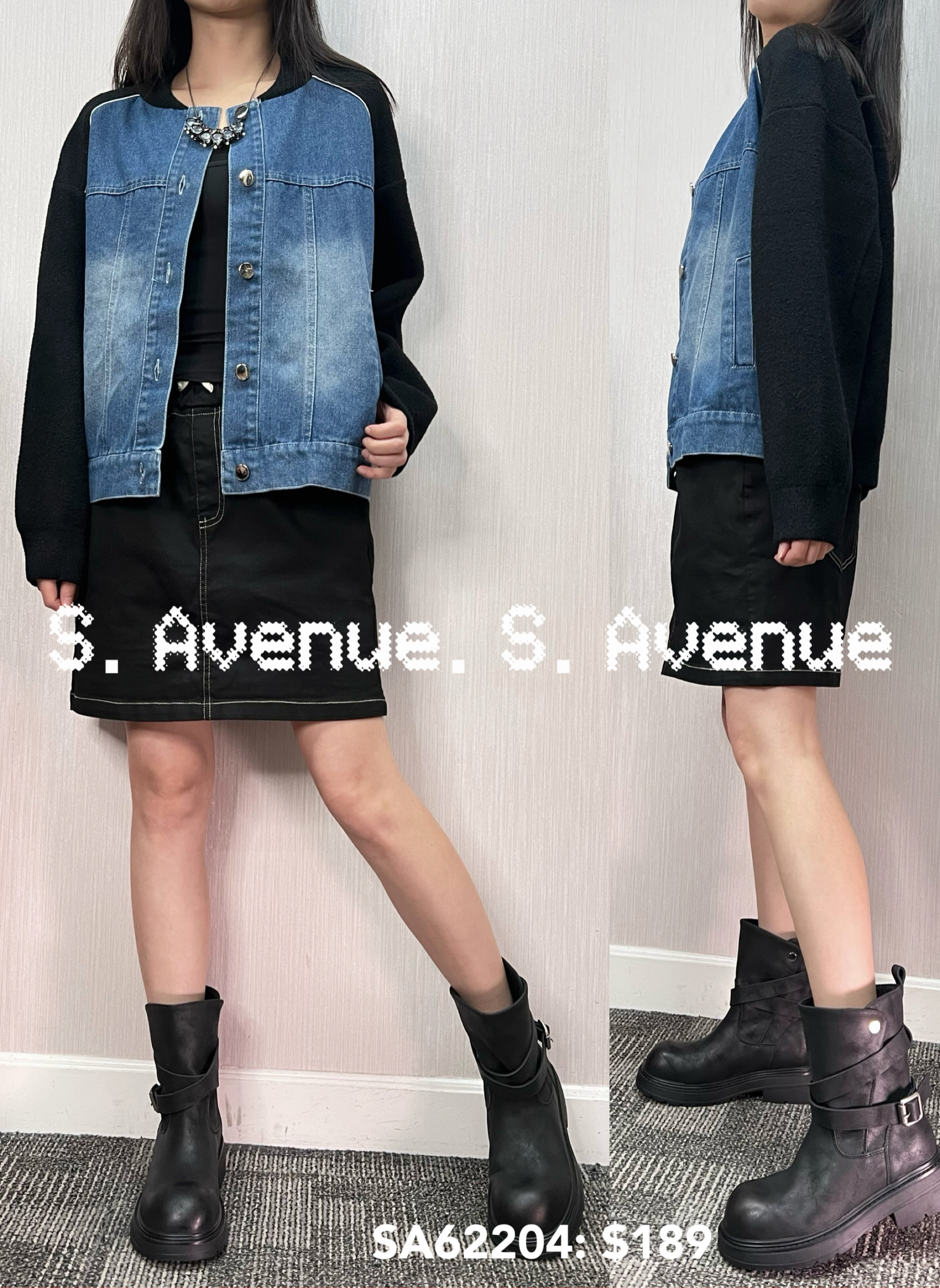 SA62204: 長袖韓國絨拼牛仔前一排鈕褸