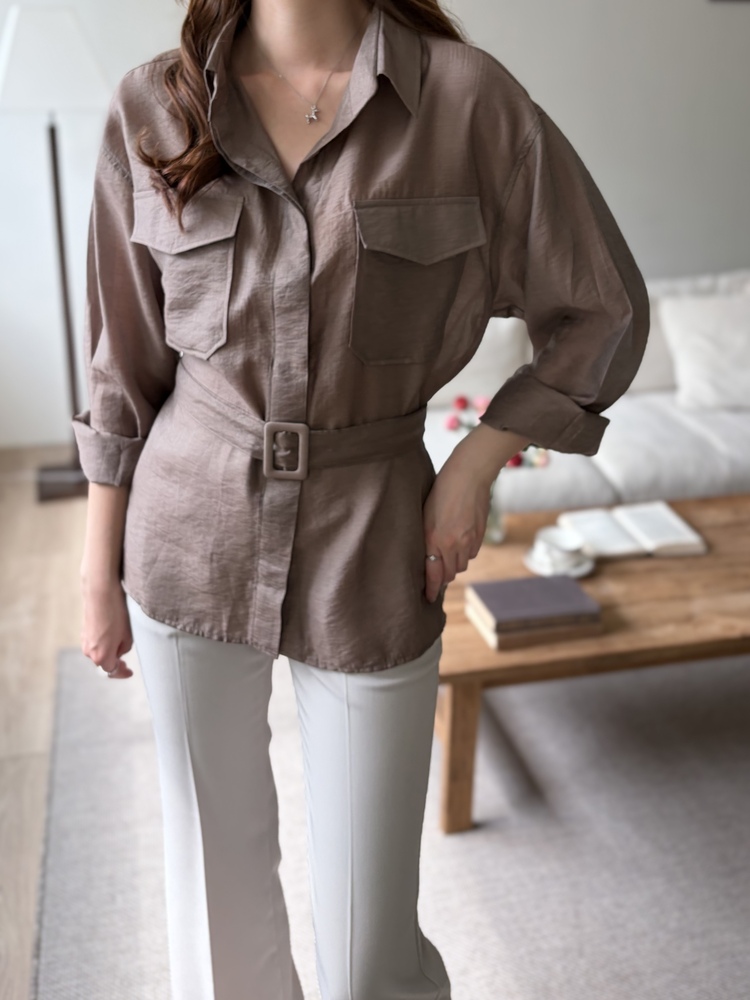 Feminine Belted Pocket Blouse (Brown)