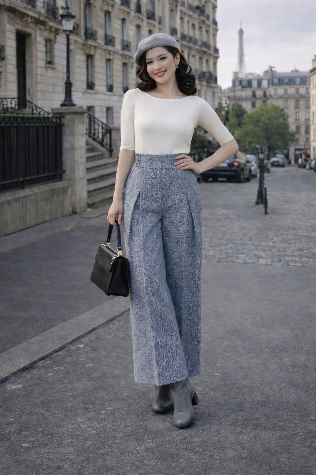 (Custom-Made) Marlene Pants - Chevrons Wide-Legged &High-waisted Pants with Pleat - Available in Different Colours (FM221)