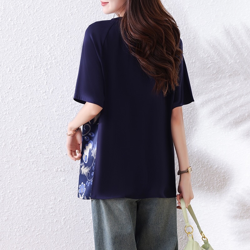 B213(2376) 新中式洋气国风拼接前部花色印花蓝上衣 