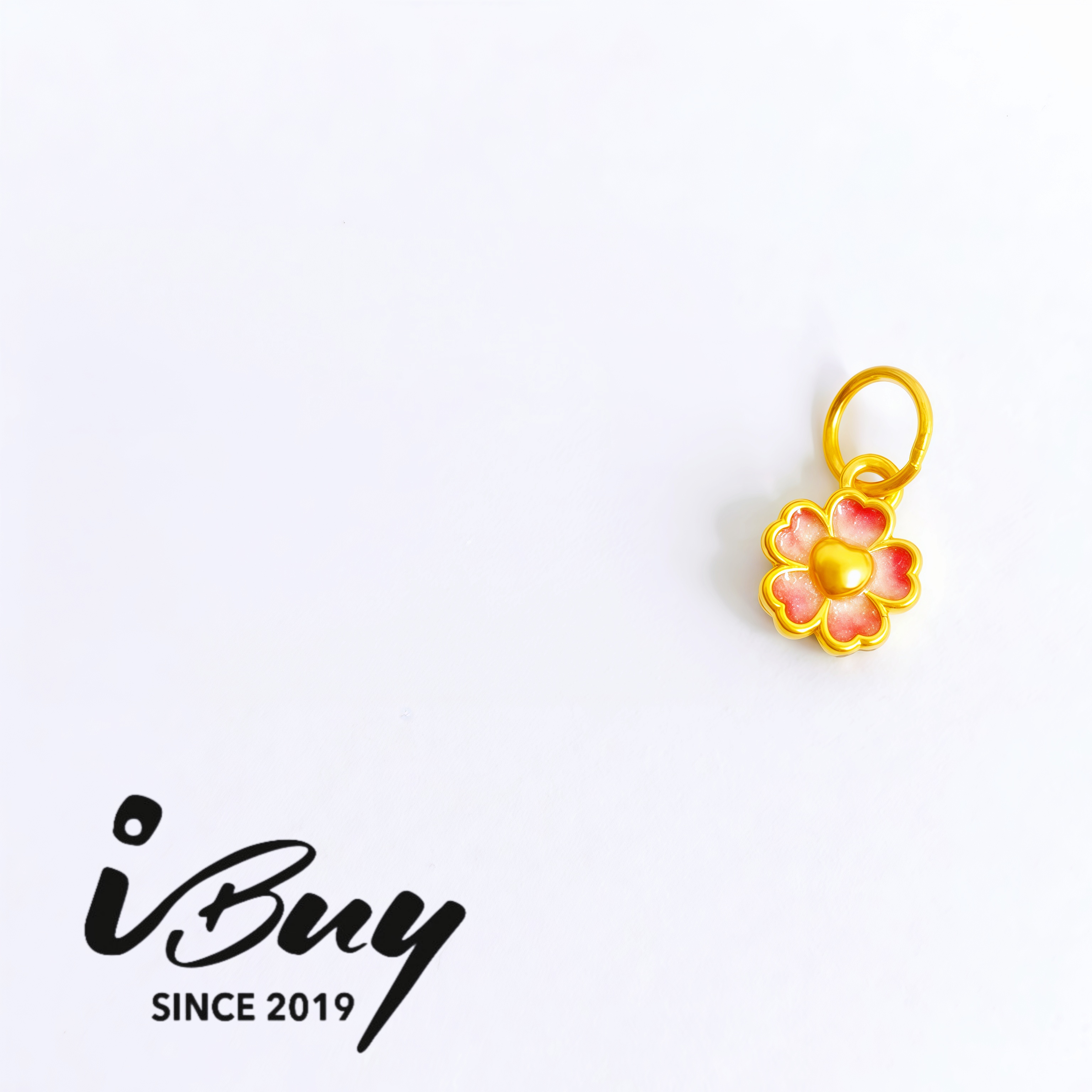 999 GOLD GRADIENT RED ENAMEL FLOWER PENDANT 999 金 爱心小花 - 渐变粉