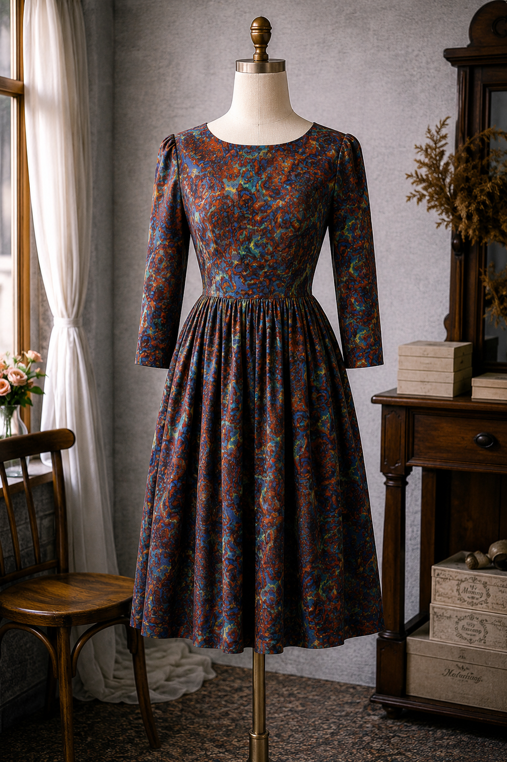 RARE！C.a. 1950s Abstact Novelty Pattern Day & Night Dress(MT894)