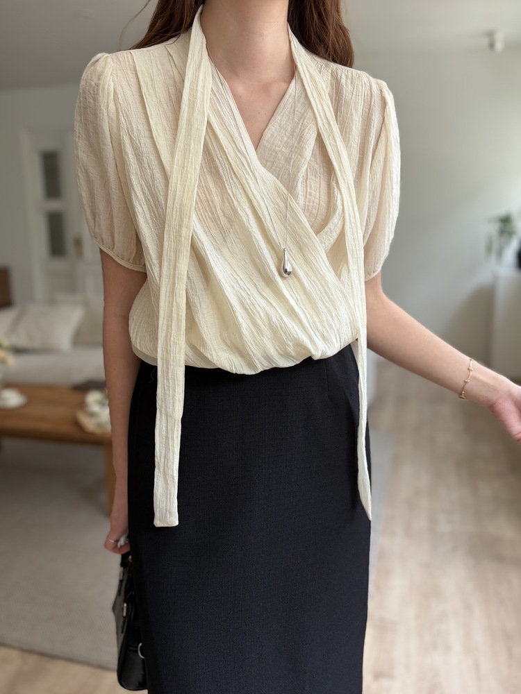 Louise Wrap Blouse with Tie (Cream)