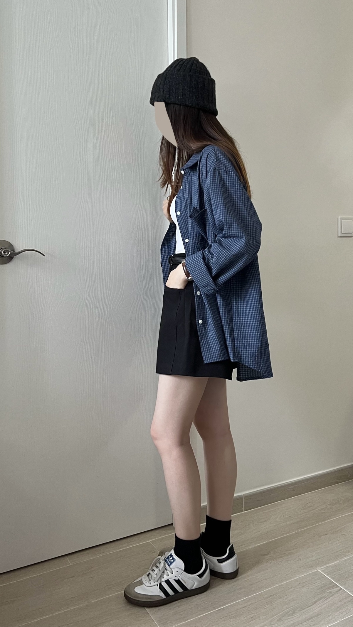 韓風細格紋薄恤衫 